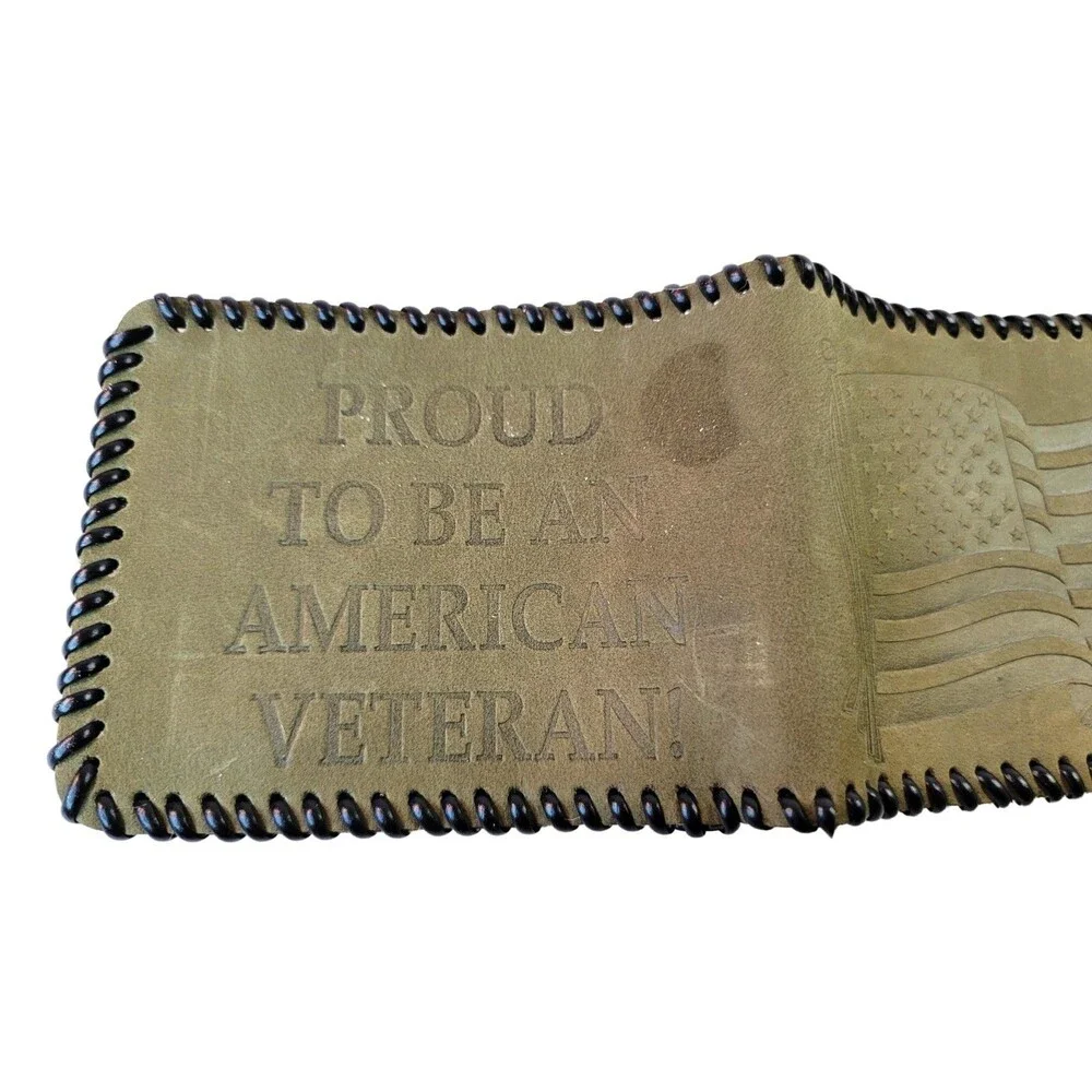 PROUD TO BE AN AMERICAN VETERAN! Handmade Gray Leather Billfold Wallet Bifold